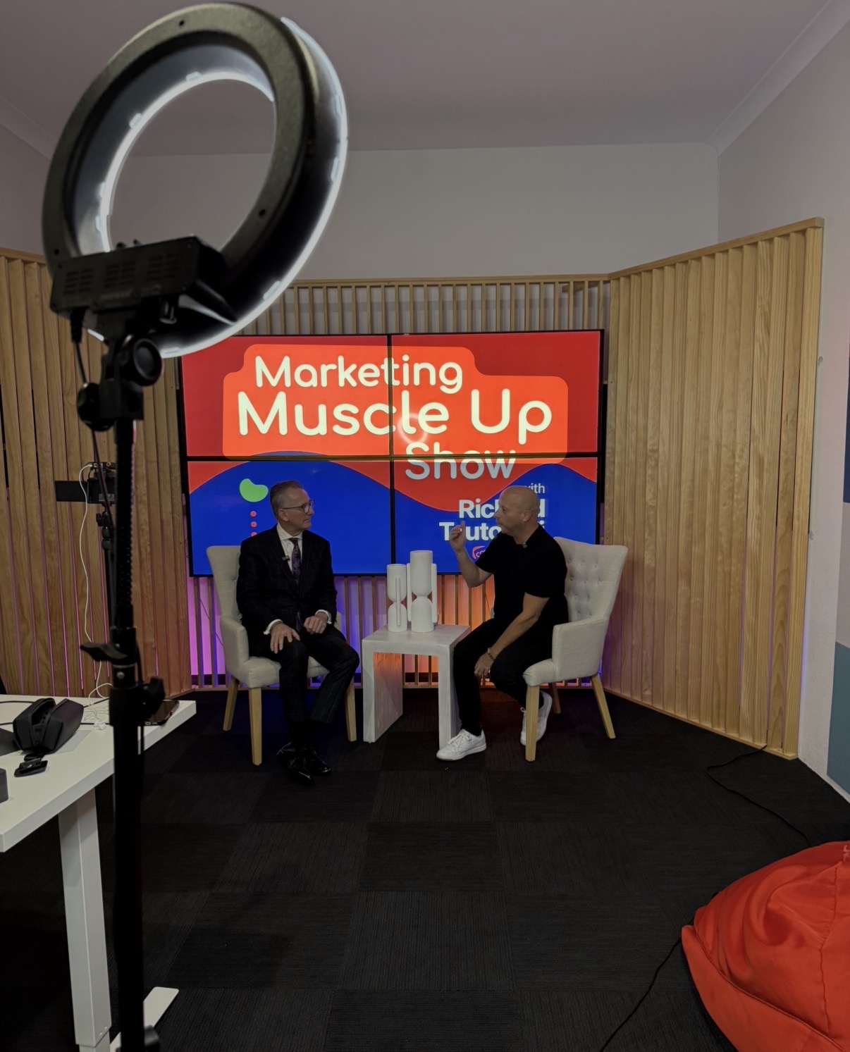 Richard and Joey Toutounji recording the Marketing Muscle Up Show podcast