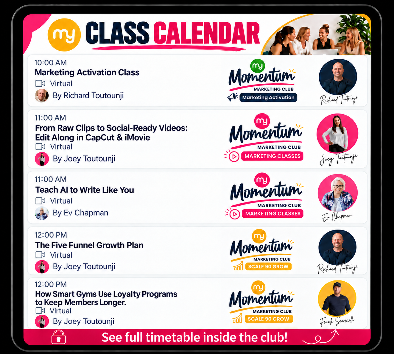 MY Momentum Marketing Club example timetable