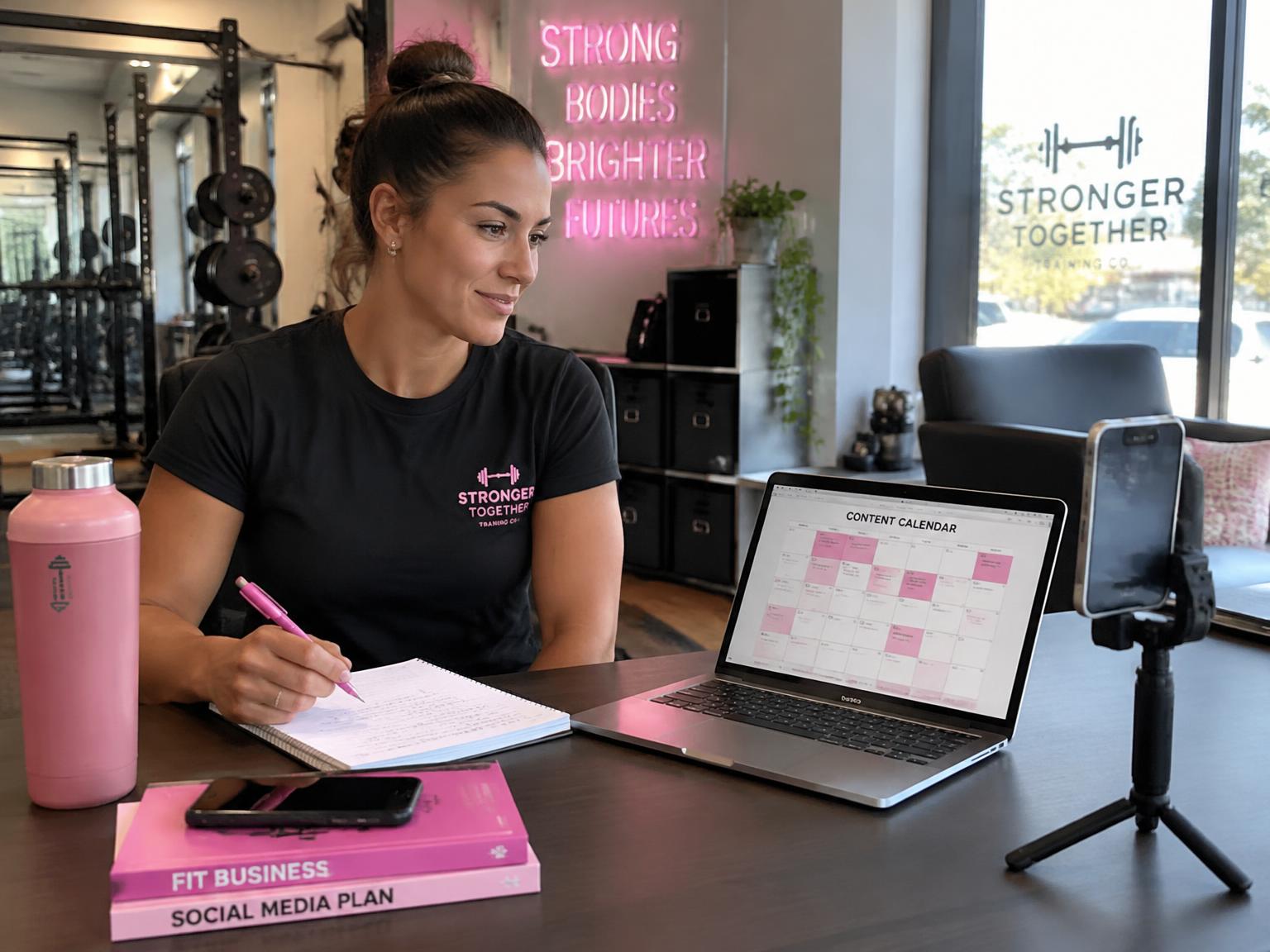 Gym owner planning social media content with a laptop content calendar