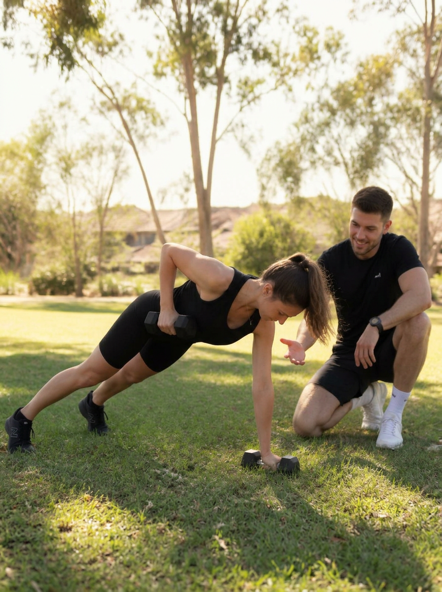 Personal trainer coaching a client outdoors