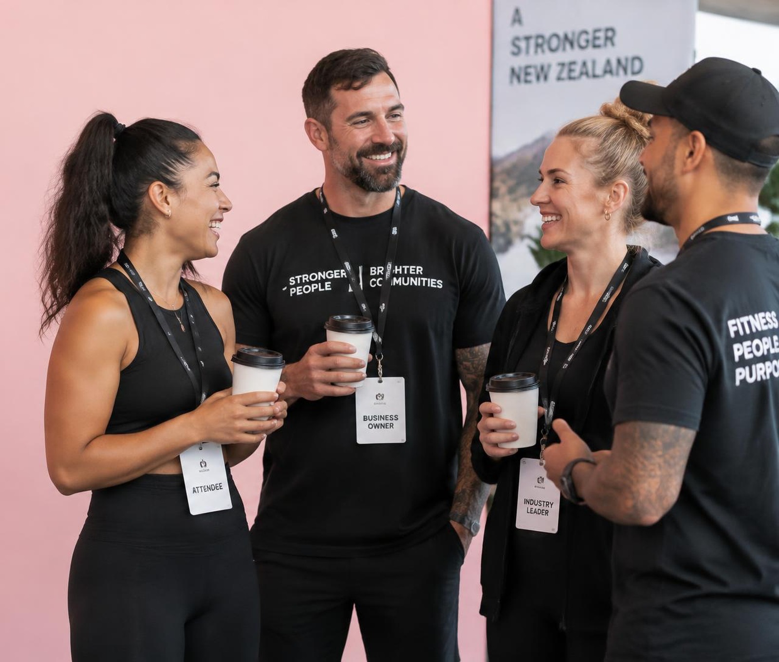 Fitness business owners networking with coffee at a conference