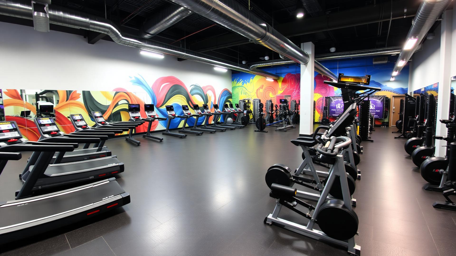 Modern gym interior with cardio and strength equipment